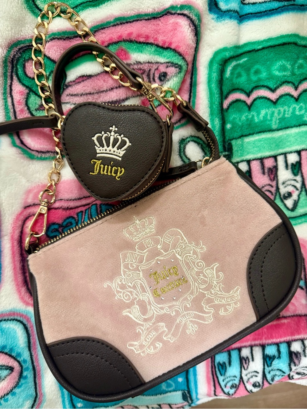 Juicy Couture Pink and Brown Pouchette with Heart Coin Pouch